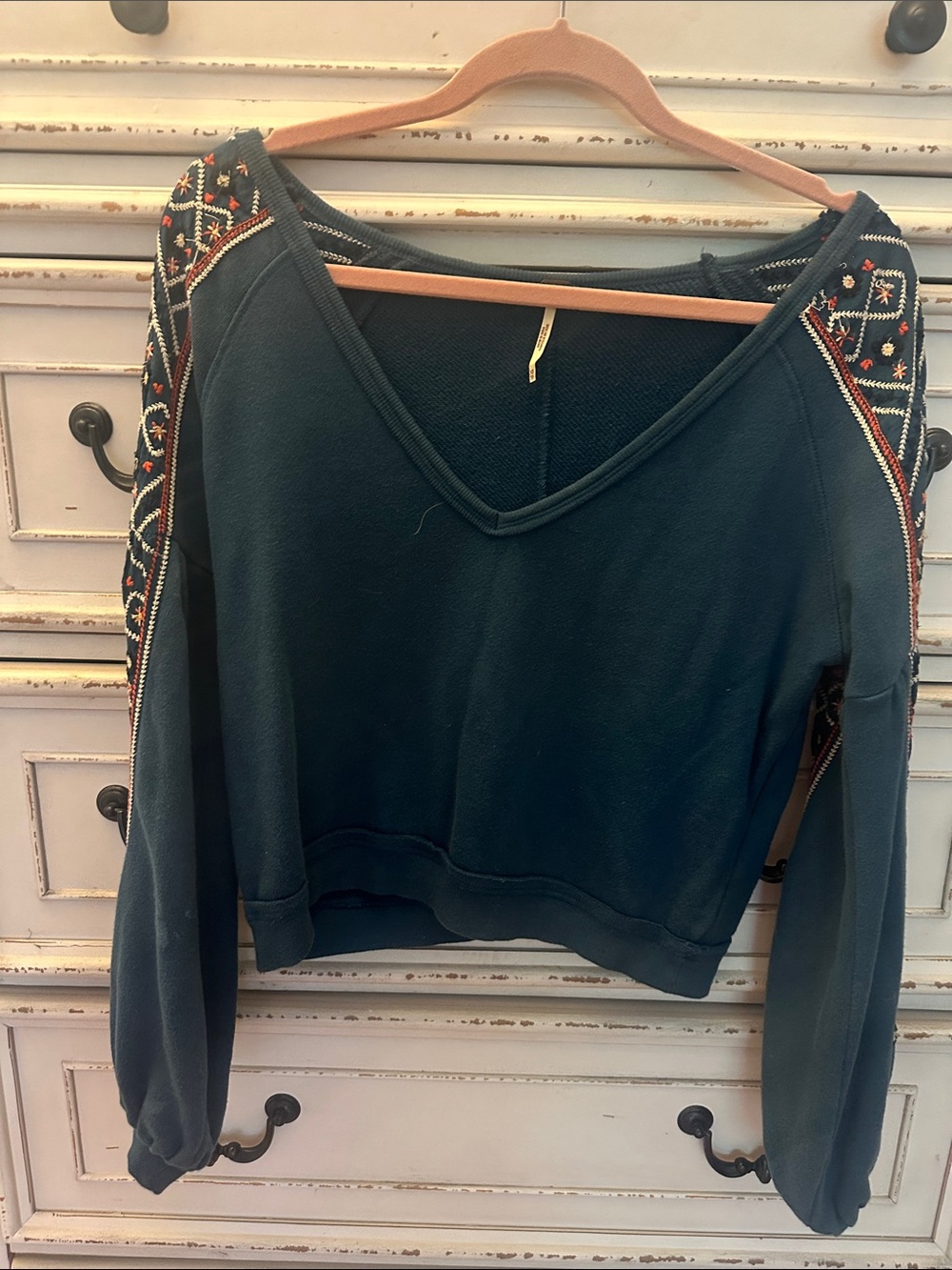 Free People Teal V-Neck Sweatshirt with Embroidered Shoulder Panels